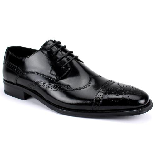 Giovanni "Brogue" Black Genuine Calfskin Derby Lace-Up Perforated Wingtip Shoes.